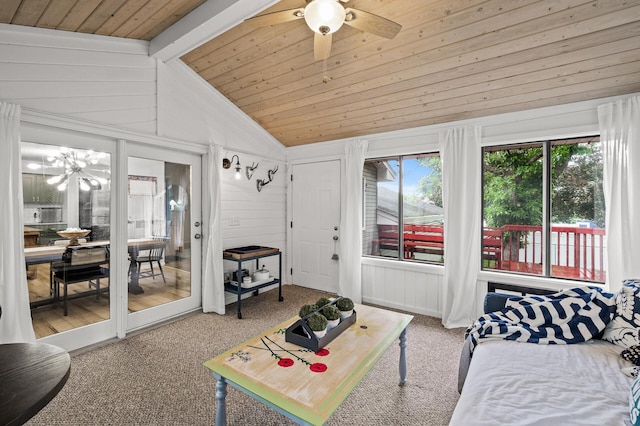 3717 80th Ave N, Brooklyn Park, MN 55443 - carpeted living room with wood ceiling, ceiling fan, and a chandelier