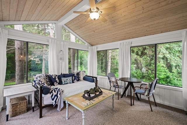 3717 80th Ave N, Brooklyn Park, MN 55443 - sunroom featuring an outdoor hangout area, vaulted ceiling, a ceiling fan, wooden ceiling, and carpet flooring