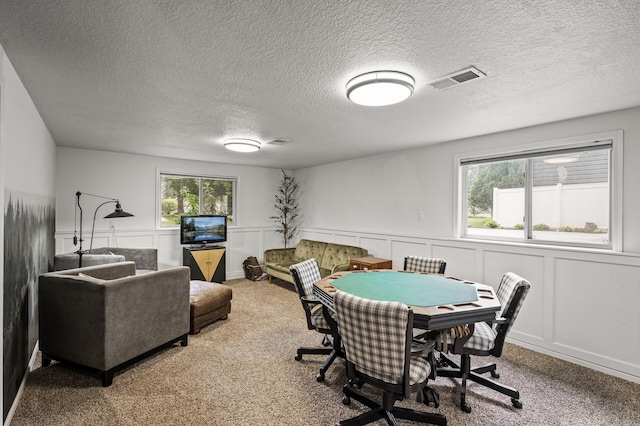 3717 80th Ave N, Brooklyn Park, MN 55443 - playroom featuring carpet floors, a decorative wall, a textured ceiling, and wainscoting