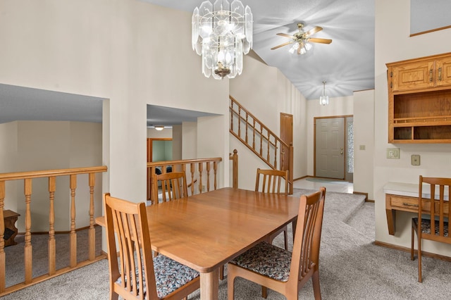13842 Redwood St NW, Andover, MN 55304 - dining room with light carpet, high vaulted ceiling, ceiling fan, and stairs
