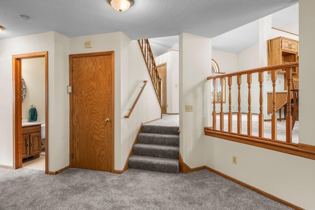13842 Redwood St NW, Andover, MN 55304 - stairway with carpet, a textured ceiling, and baseboards