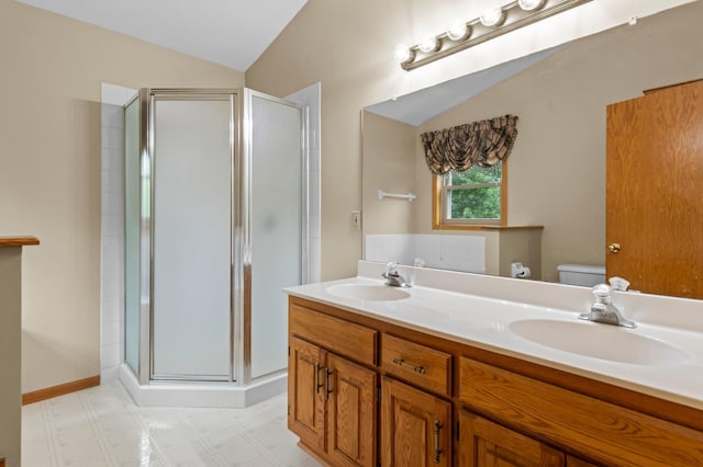 13842 Redwood St NW, Andover, MN 55304 - bathroom featuring lofted ceiling, a shower stall, double vanity, toilet, and tile patterned floors