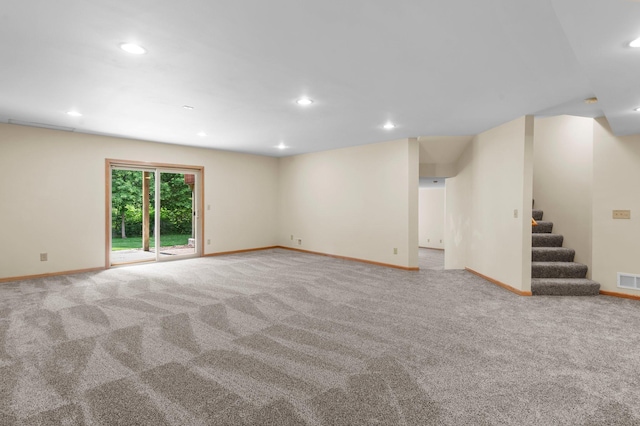 13842 Redwood St NW, Andover, MN 55304 - unfurnished living room featuring baseboards, stairs, recessed lighting, and carpet floors