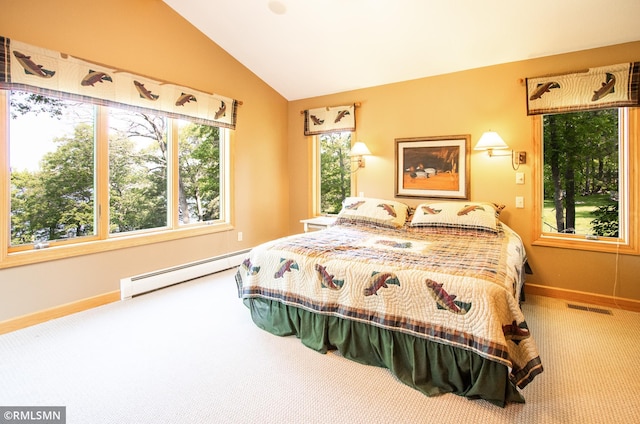 49063 203rd Pl, Mcgregor, MN 55760 - carpeted bedroom with a baseboard radiator, lofted ceiling, and baseboards