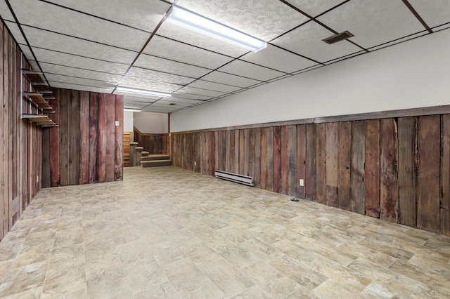 6521 Gleason Rd, Edina, MN 55439 - finished basement with a baseboard heating unit, stairway, wood walls, and a wainscoted wall