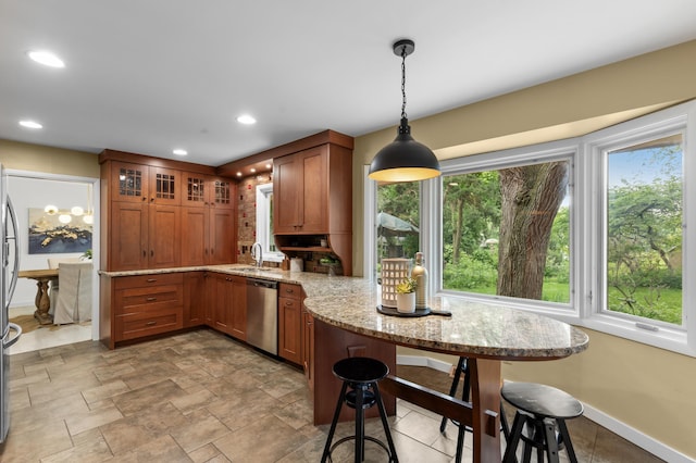 6521 Gleason Rd, Edina, MN 55439 - kitchen with dishwasher, brown cabinetry, a peninsula, light stone countertops, and glass insert cabinets