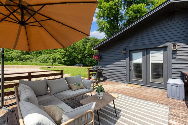 4616 Fillmore Ave NW, Maple Lake Twp, MN 55358 - wooden terrace featuring an outdoor hangout area, french doors, and area for grilling