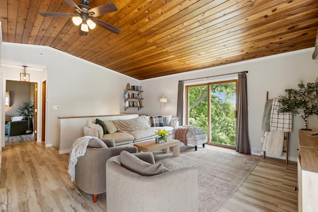 4616 Fillmore Ave NW, Maple Lake Twp, MN 55358 - living area with wood ceiling, a ceiling fan, lofted ceiling, light wood finished floors, and baseboards
