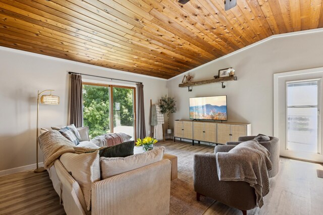 4616 Fillmore Ave NW, Maple Lake Twp, MN 55358 - living room featuring vaulted ceiling, wooden ceiling, wood finished floors, and baseboards