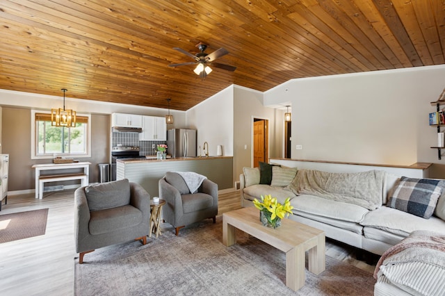 4616 Fillmore Ave NW, Maple Lake Twp, MN 55358 - living area with vaulted ceiling, wooden ceiling, light wood-style floors, ceiling fan, and a chandelier