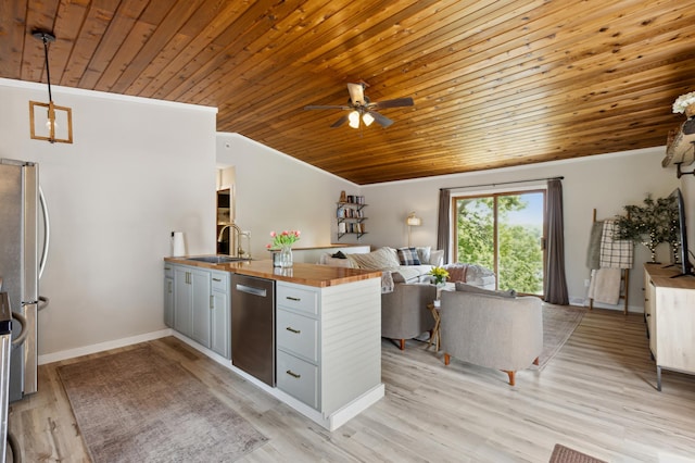 4616 Fillmore Ave NW, Maple Lake Twp, MN 55358 - kitchen with appliances with stainless steel finishes, a peninsula, wood ceiling, open floor plan, and butcher block counters