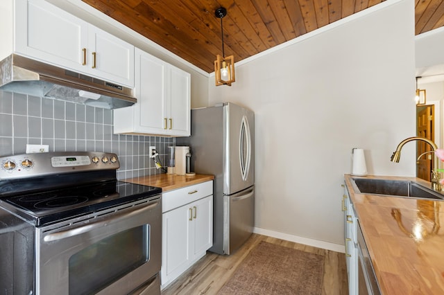 4616 Fillmore Ave NW, Maple Lake Twp, MN 55358 - kitchen featuring butcher block countertops, stainless steel appliances, range hood, wood ceiling, and a sink