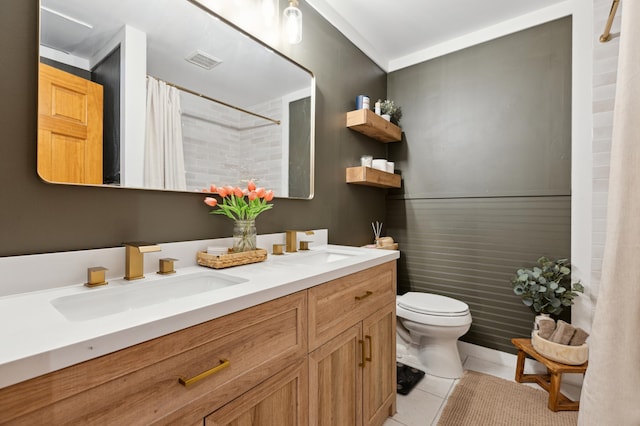 4616 Fillmore Ave NW, Maple Lake Twp, MN 55358 - full bathroom featuring double vanity, toilet, curtained shower, and tile patterned floors