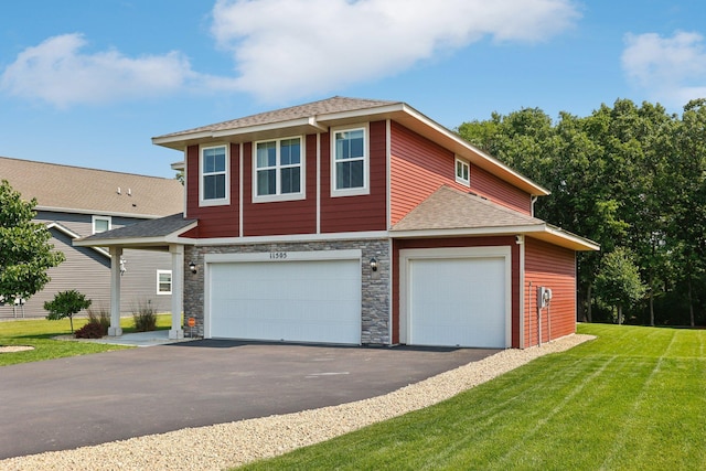 11505 Pineridge Way N, Dayton, MN 55327 - view of front of property with a front lawn, roof with shingles, stone siding, and driveway