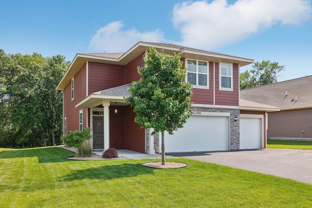 11505 Pineridge Way N, Dayton, MN 55327 - traditional-style house featuring stone siding, asphalt driveway, a front yard, a garage, and roof with shingles
