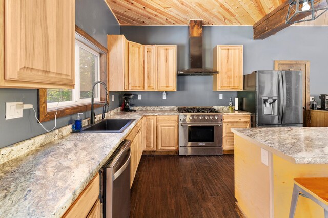 6860 Re Echo Ridge Dr NE, Remer, MN 56672 - kitchen featuring appliances with stainless steel finishes, light brown cabinets, wall chimney exhaust hood, wood ceiling, and a sink