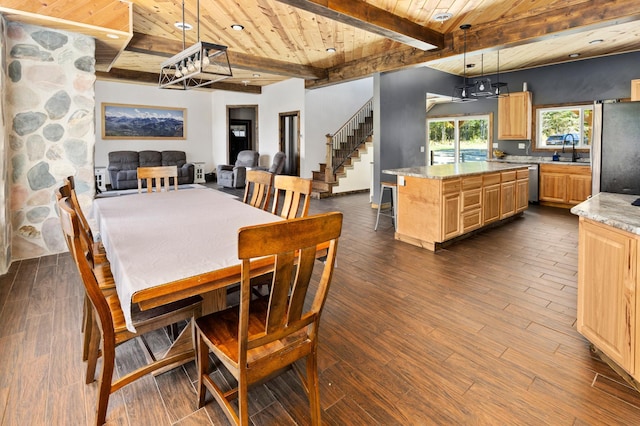 6860 Re Echo Ridge Dr NE, Remer, MN 56672 - dining area featuring wooden ceiling with exposed beams, dark wood-style floors, and stairway