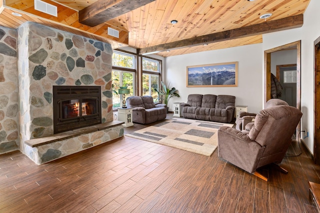 6860 Re Echo Ridge Dr NE, Remer, MN 56672 - living room featuring wood finished floors, wood ceiling with exposed beams, and a stone fireplace