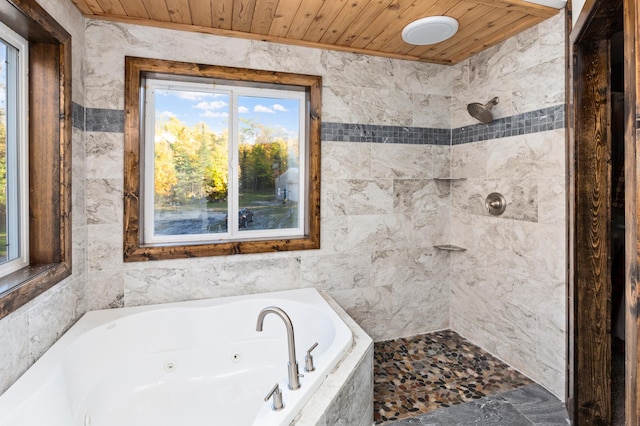 6860 Re Echo Ridge Dr NE, Remer, MN 56672 - bathroom with wooden ceiling, a jetted tub, and tiled shower