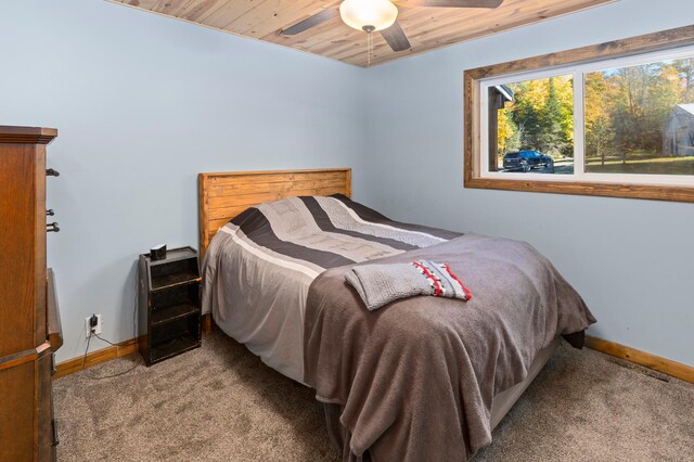 6860 Re Echo Ridge Dr NE, Remer, MN 56672 - bedroom featuring carpet flooring, baseboards, wood ceiling, and a ceiling fan