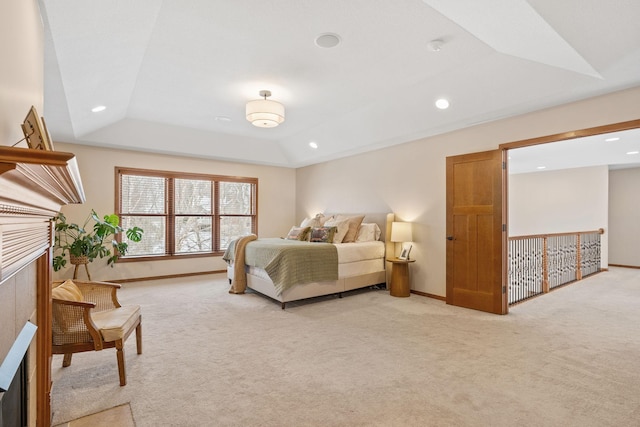 9256 Gateway Ln, Eden Prairie, MN 55347 - bedroom with a fireplace, light colored carpet, recessed lighting, and baseboards