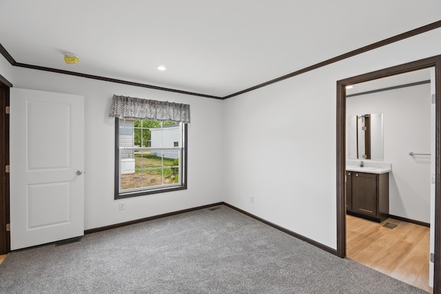 215 Mckay Ave # 59, Alexandria, MN 56308 - unfurnished bedroom with crown molding, light carpet, baseboards, a sink, and connected bathroom