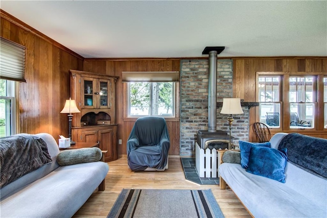 17174 59th Ave, Lafayette Twp, WI 54729 - living room featuring a wood stove, wooden walls, and light wood-type flooring