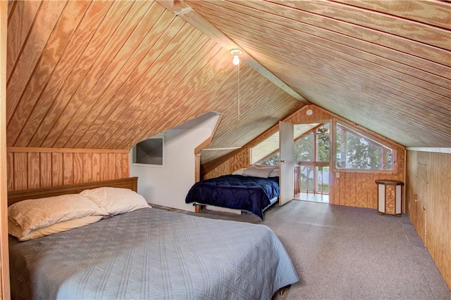 17174 59th Ave, Lafayette Twp, WI 54729 - carpeted bedroom featuring wood walls, access to exterior, vaulted ceiling, and wooden ceiling