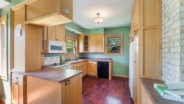 1125 9th Ave SE, Saint Cloud, MN 56304 - kitchen featuring white appliances, light brown cabinets, dark wood-style floors, and glass insert cabinets