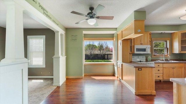 1125 9th Ave SE, Saint Cloud, MN 56304 - kitchen with white appliances, a sink, ornate columns, dark wood-style flooring, and a ceiling fan