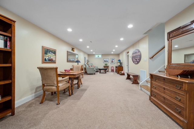 1501 Fraser Dr, Grand Rapids, MN 55744 - dining room with light carpet, recessed lighting, stairs, and baseboards