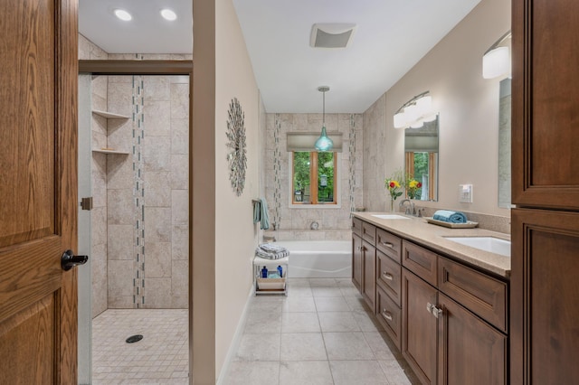 1501 Fraser Dr, Grand Rapids, MN 55744 - full bathroom with double vanity, a shower stall, tile patterned floors, and a bath