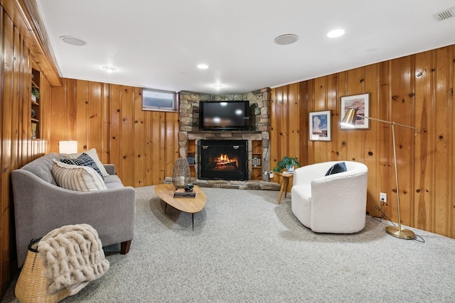 5409 Aldrich Ave S, Minneapolis, MN 55419 - living room with a fireplace, carpet, and wood walls