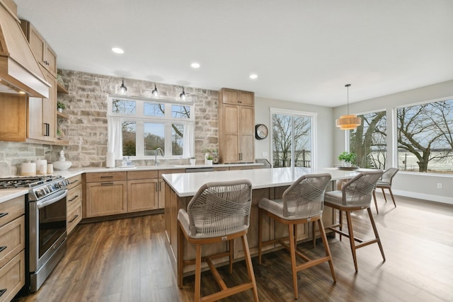 2401 Goldfinch Ln, Buffalo, MN 55313 - kitchen featuring stainless steel range with gas cooktop, custom exhaust hood, light countertops, dark wood-type flooring, and recessed lighting