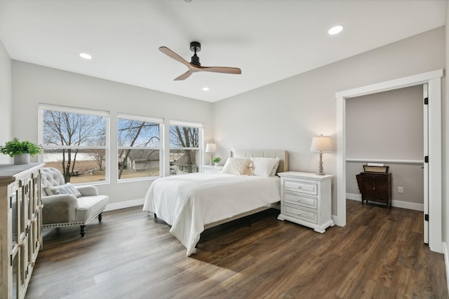 2401 Goldfinch Ln, Buffalo, MN 55313 - bedroom featuring dark wood finished floors, baseboards, recessed lighting, and a ceiling fan