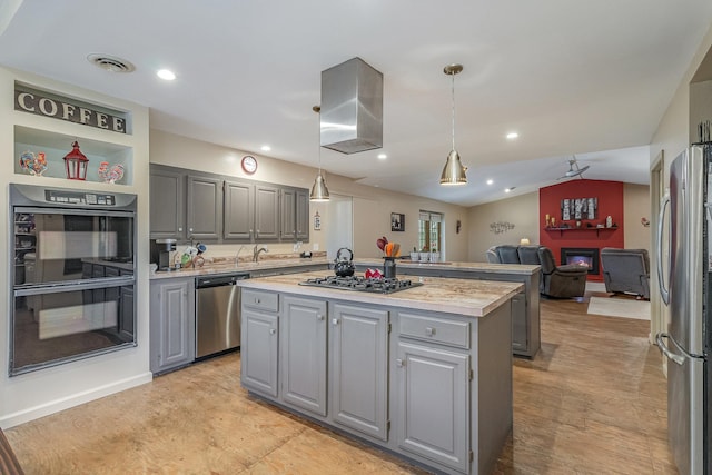 38630 Woodview Ln, Le Center, MN 56057 - kitchen with gray cabinets, stainless steel appliances, a kitchen island, light countertops, and open floor plan