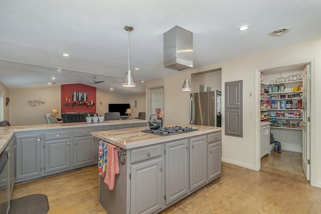 38630 Woodview Ln, Le Center, MN 56057 - kitchen featuring gray cabinetry, stainless steel appliances, a kitchen island, light wood-style flooring, and recessed lighting