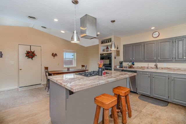38630 Woodview Ln, Le Center, MN 56057 - kitchen featuring stainless steel dishwasher, gray cabinets, gas stovetop, a center island, and light countertops