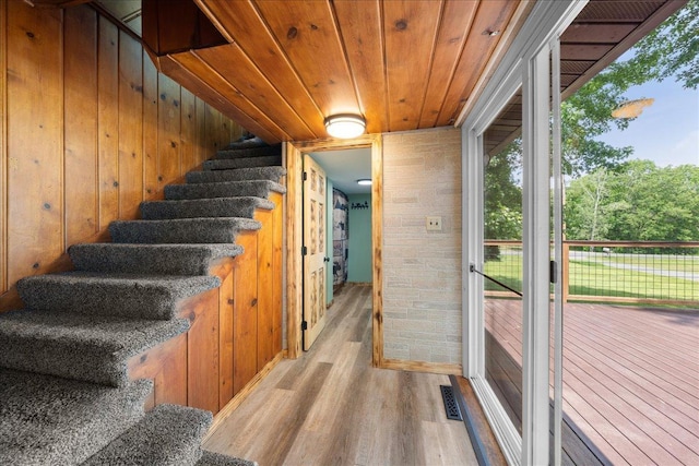 1334 105th Ave, Amery, WI 54001 - staircase featuring wooden walls, wood finished floors, healthy amount of natural light, and wood ceiling