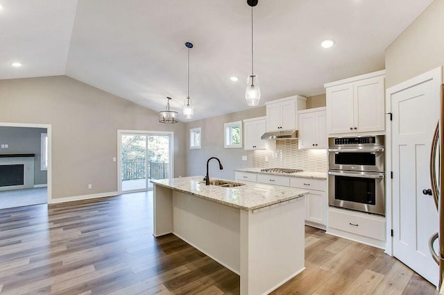 12620 Overlook Rd, Dayton, MN 55327 - kitchen featuring a sink, appliances with stainless steel finishes, under cabinet range hood, lofted ceiling, and decorative backsplash