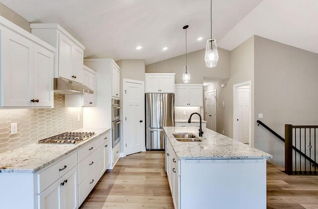 12620 Overlook Rd, Dayton, MN 55327 - kitchen with a sink, stainless steel appliances, under cabinet range hood, light wood finished floors, and white cabinetry