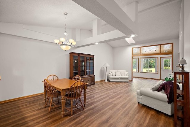 9479 Prairieview Trl N, Champlin, MN 55316 - dining space featuring baseboards, wood finished floors, a chandelier, lofted ceiling, and recessed lighting