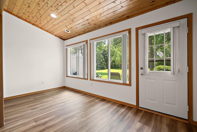 9479 Prairieview Trl N, Champlin, MN 55316 - foyer entrance featuring wood finished floors, wooden ceiling, baseboards, and vaulted ceiling