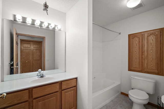 9479 Prairieview Trl N, Champlin, MN 55316 - bathroom with toilet, vanity, bathtub / shower combination, a textured ceiling, and tile patterned floors