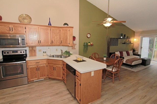 653 86th Ln NW, Coon Rapids, MN 55433 - kitchen featuring stainless steel appliances, a peninsula, tasteful backsplash, light countertops, and light wood-type flooring