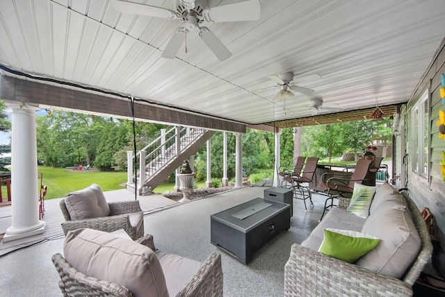 22946 185th St NW, Orrock Twp, MN 55309 - view of patio with an outdoor hangout area, stairway, and a ceiling fan