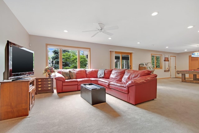 22946 185th St NW, Orrock Twp, MN 55309 - living room featuring light carpet, recessed lighting, and a ceiling fan