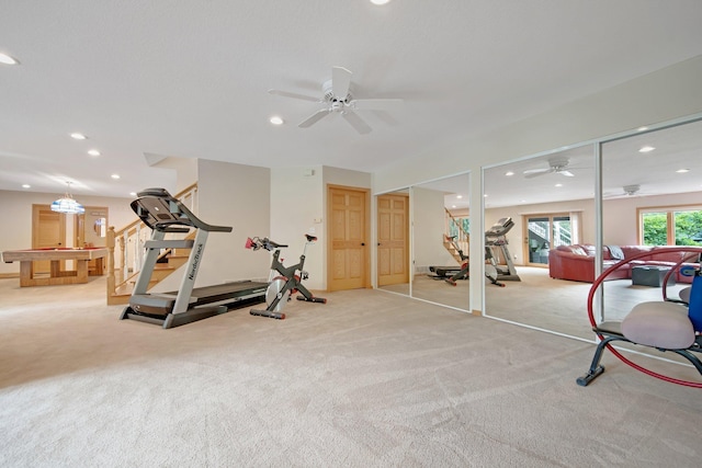 22946 185th St NW, Orrock Twp, MN 55309 - exercise area featuring recessed lighting, a ceiling fan, and carpet floors