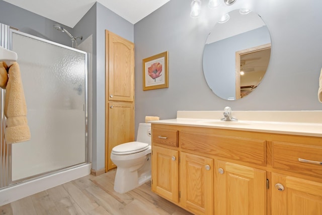 22946 185th St NW, Orrock Twp, MN 55309 - bathroom featuring a stall shower, vanity, and wood finished floors