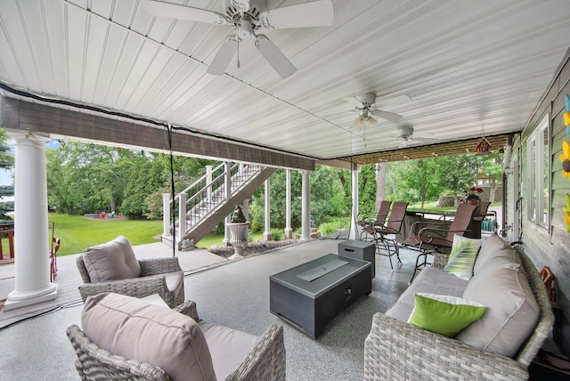 22946 185th St NW, Orrock Twp, MN 55309 - view of patio / terrace featuring outdoor lounge area, stairway, and ceiling fan